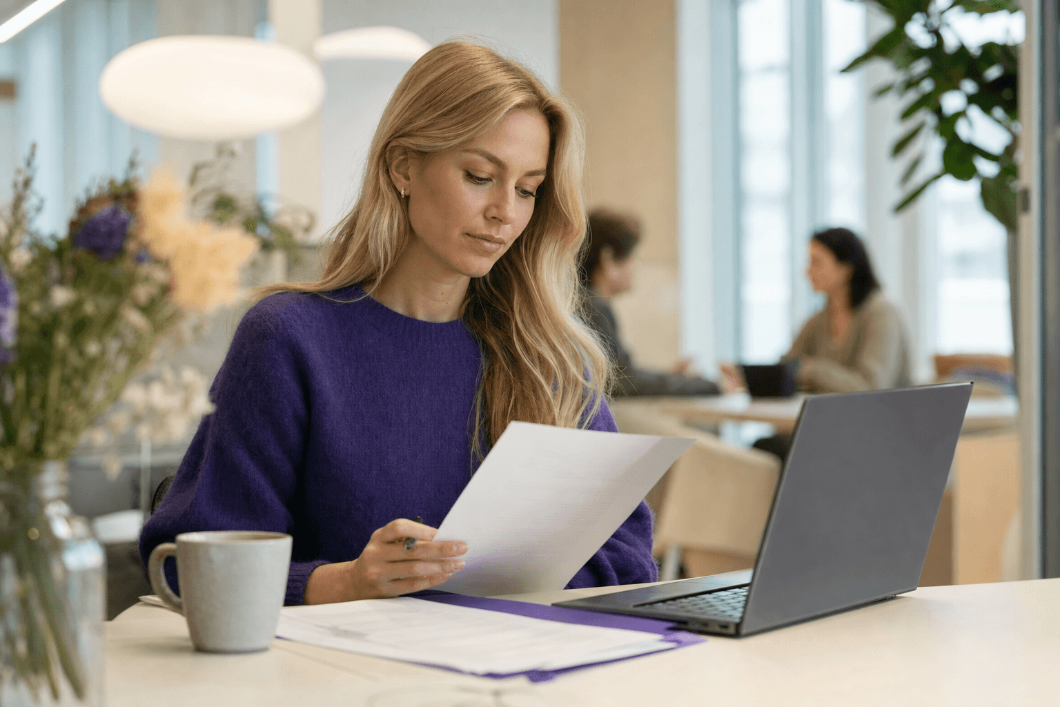 Markedsansvarlig gjennomgår kontrakt for influencer-samarbeid ved skrivebord med laptop i moderne kontor