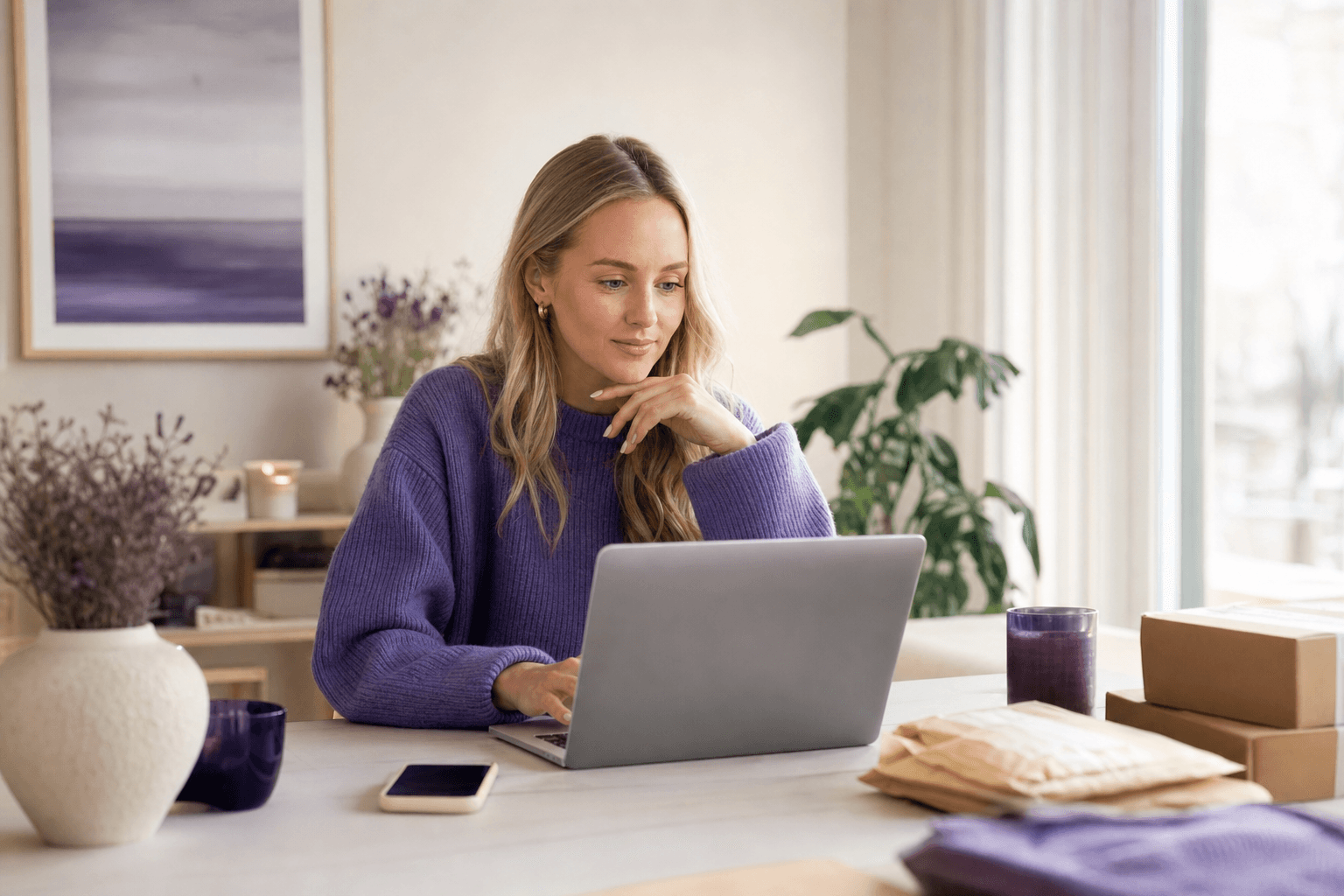 Norsk nettbutikk-eier ser gjennom influencer-kampanjedata på en bærbar datamaskin i et lyst, skandinavisk kontor