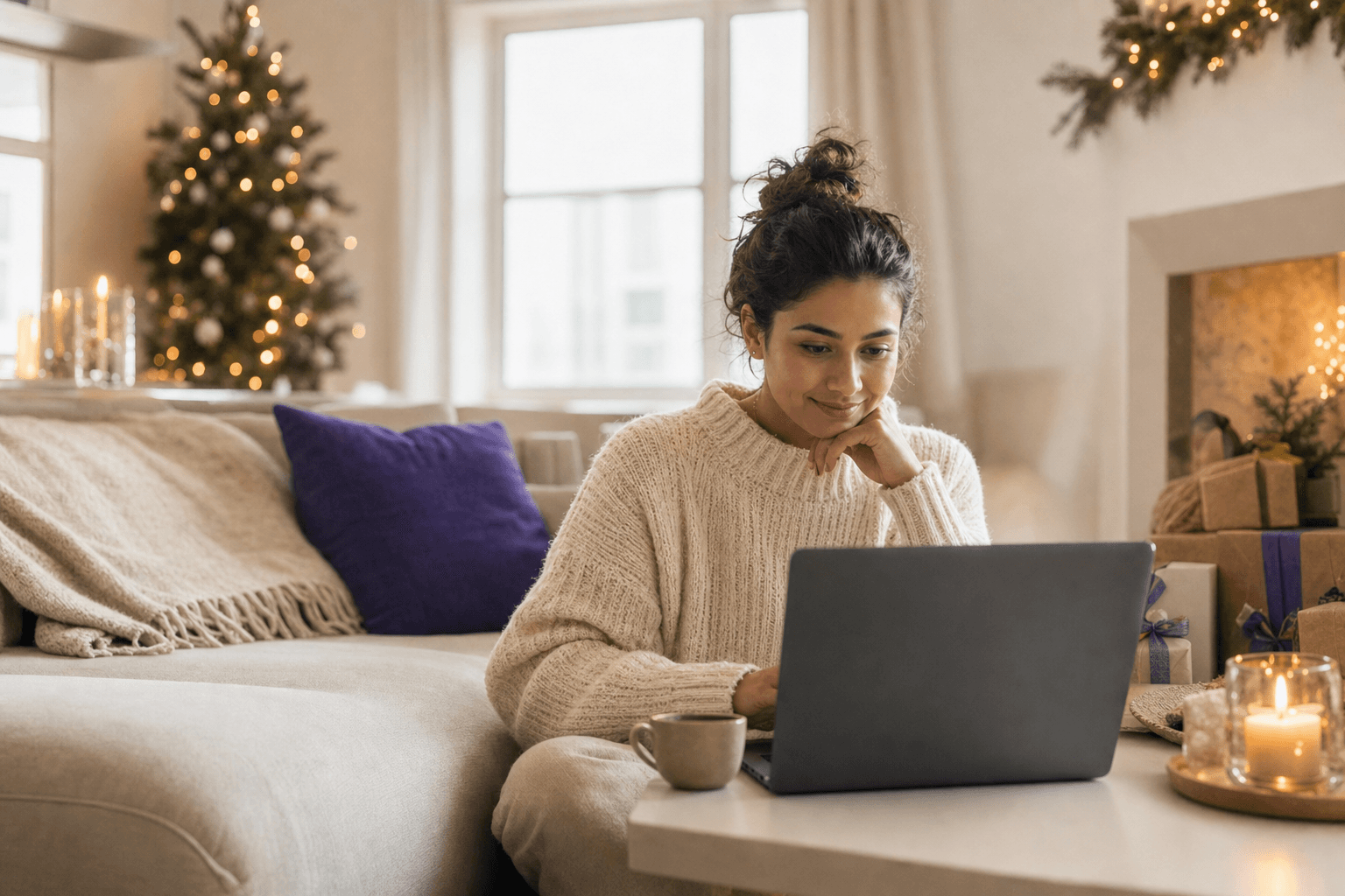 Koselig skandinavisk hjemmekontor med julelys og gaver der en person planlegger en julekampanje på laptop