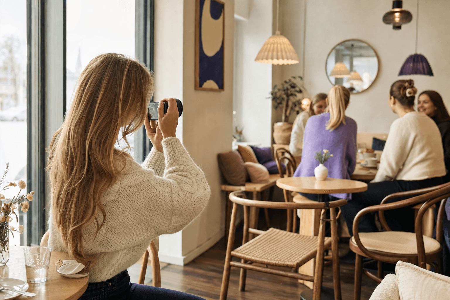 Norsk influencer fotograferer lokalt kafémiljø i en norsk by for en regional merkevare