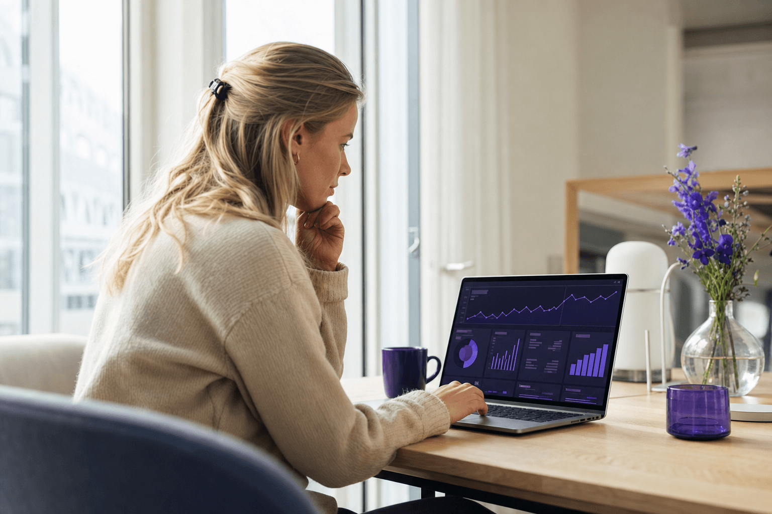 En markedsfører som analyserer salgssporing og konverteringsdata fra en influencer-kampanje på en laptop
