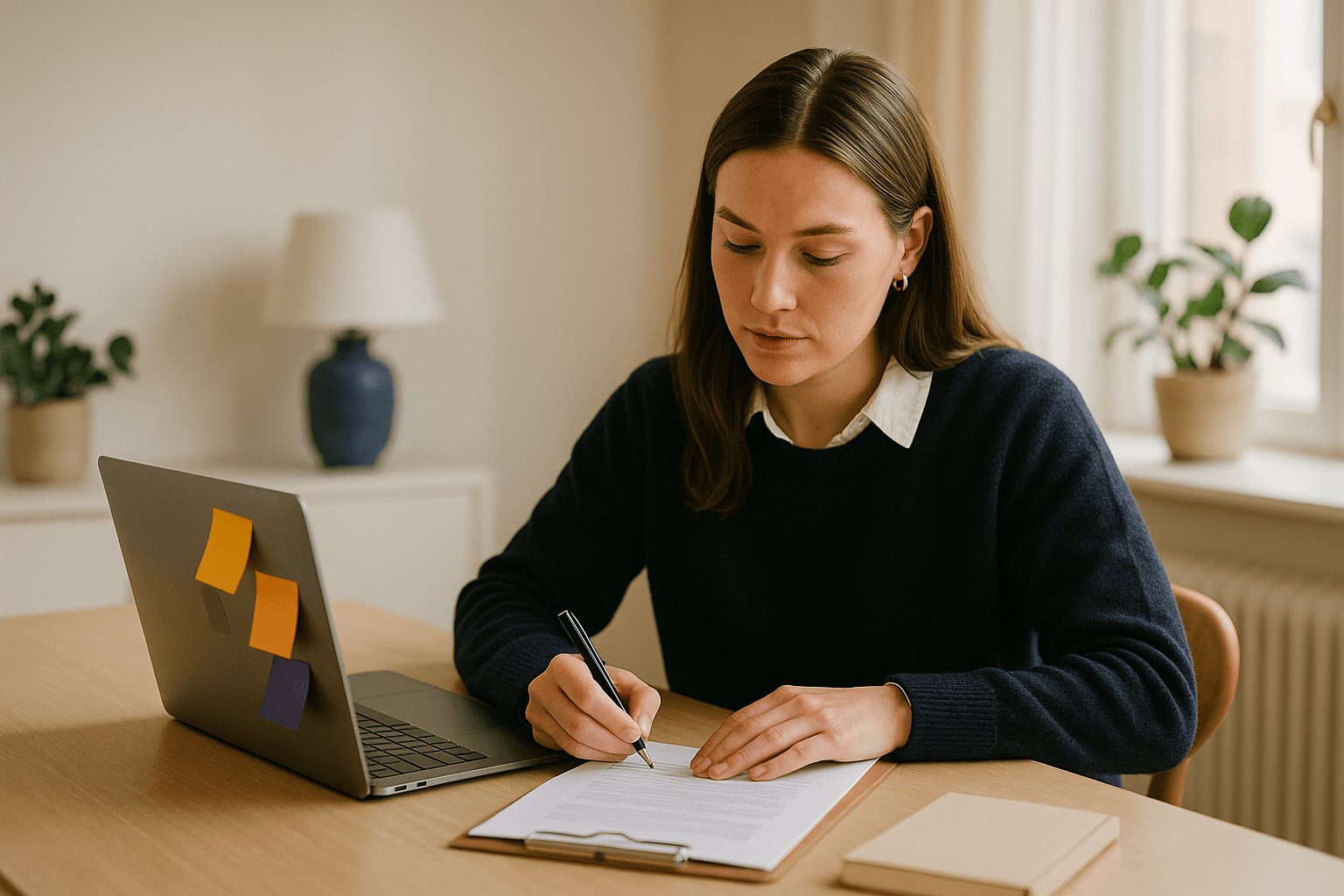 En markedsansvarlig skriver en influencer-brief på laptop ved et lyst skandinavisk skrivebord
