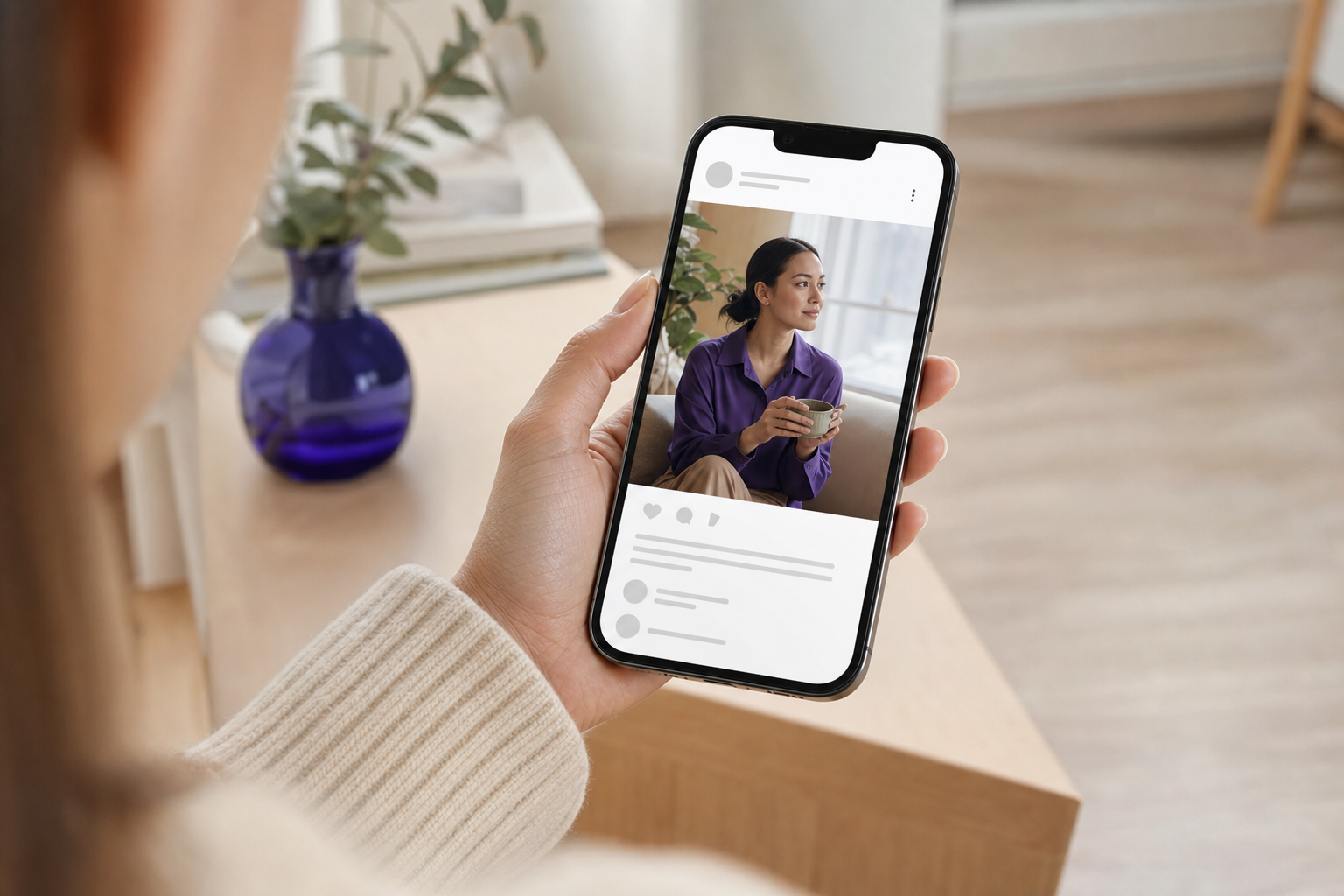 Mobiltelefon som viser et innlegg i sosiale medier med tydelig merkingstekst øverst som viser at innlegget er et betalt samarbeid