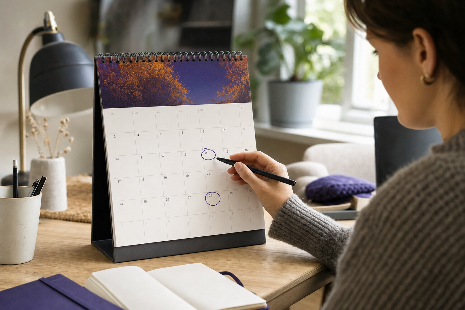 Kalender med høst- og Black Friday-kampanjedatoer markert på en kontorpult