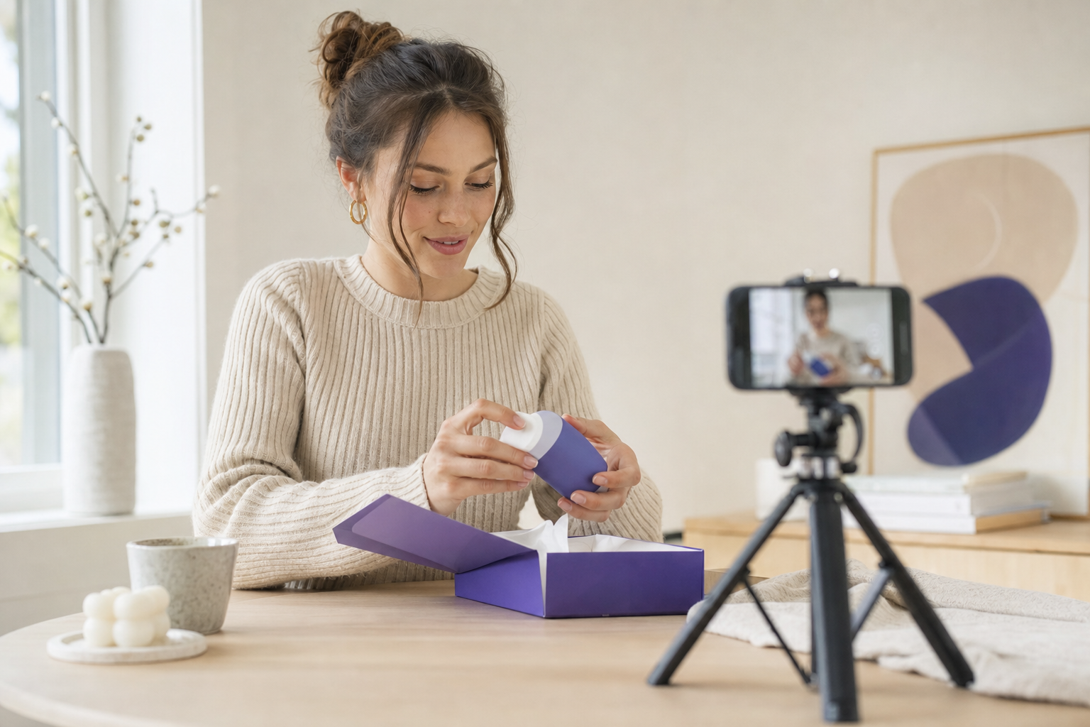 Influencer pakker opp et nettbutikk-produkt og filmer unboxing-video til sosiale medier